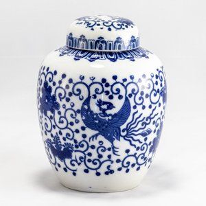 Vintage Japanese Ginger Jar – Blue & White Phoenix Bird Motif Porcelain 6" Lid
